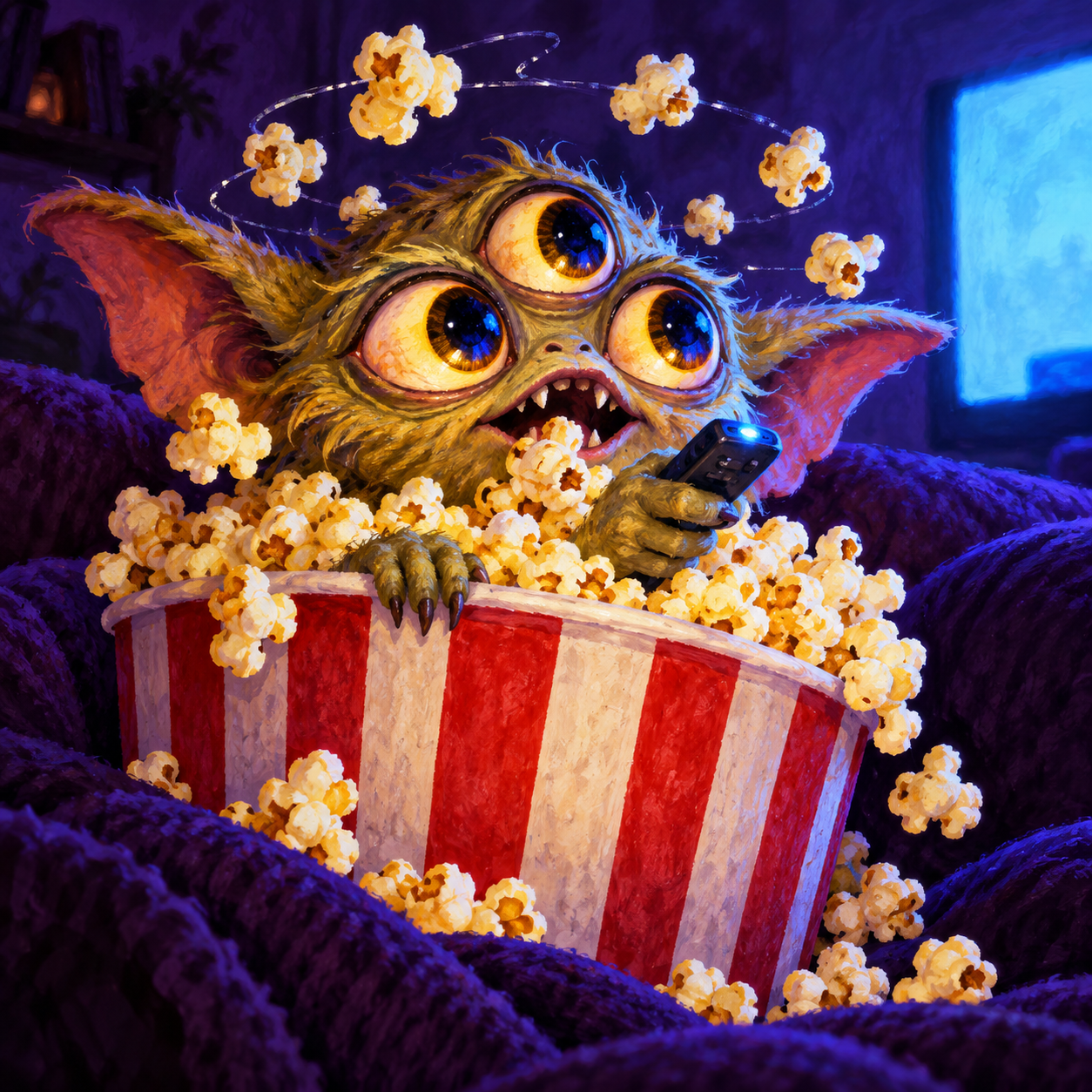 A wide-eyed original creature holding a remote in a tub of popcorn